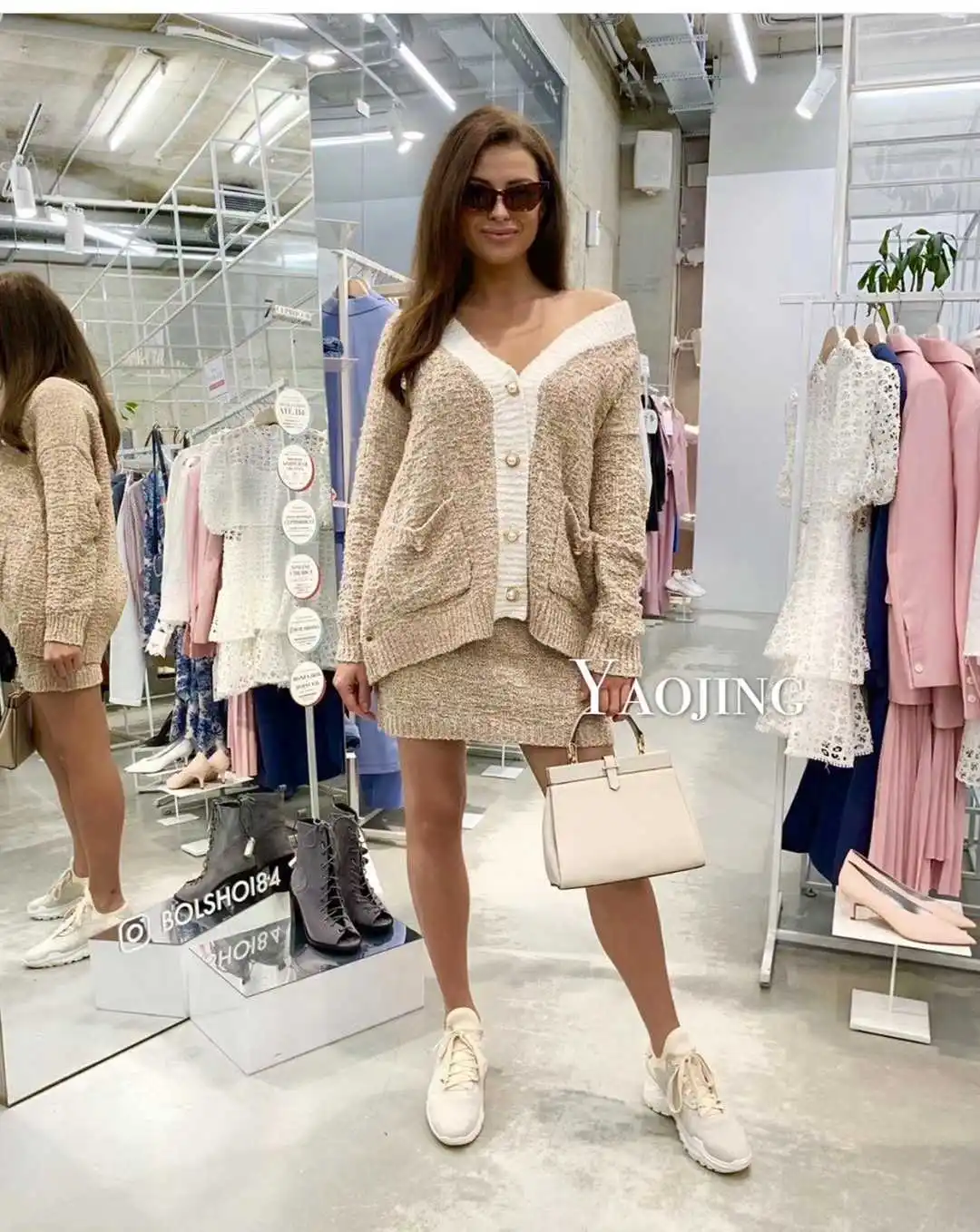 Хаки Rushed Promotion Full Autumn And Winter Women's Knit Suit V-neck Single-breasted Cardigan+ Skirt Fashion Two-piece Woman - Цвет: Хаки