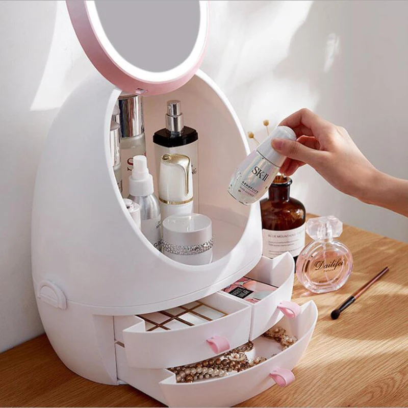 new LED lights HD mirror cosmetic case USB charging cosmetic storage box desktop dust lipstick jewelry box