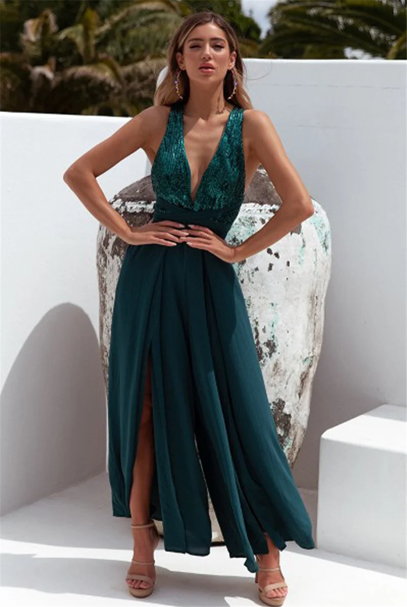 Women Sleeveless Backless Loose Jumpsuit Romper Playsuit Sexy Party Clubwear Deep V neck Slipt Leotard