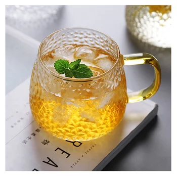 

Fashion Water Cup Glass Water Cup with Gold Handle 350ml Japanese Hammer Pattern Coffee Juice Milk Cup Glass
