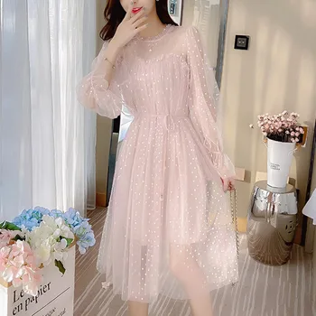 

Women dress 2020 spring sequin dress Ruffles Solid Chiffon Voile Mesh A-Line Flare Sleeve Empire Stand pink dresses full 0502