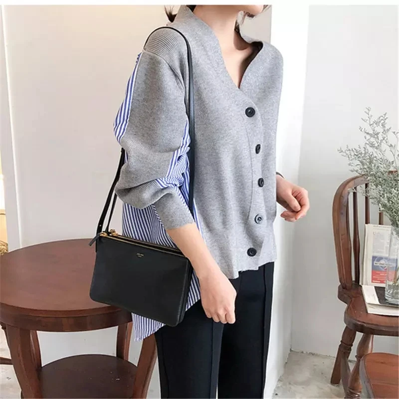 Spring and Autumn New Tide Net Red Shirt Stitching Fake Two Knitted Cardigan Women's Foreign Style V-neck Sweater Coat