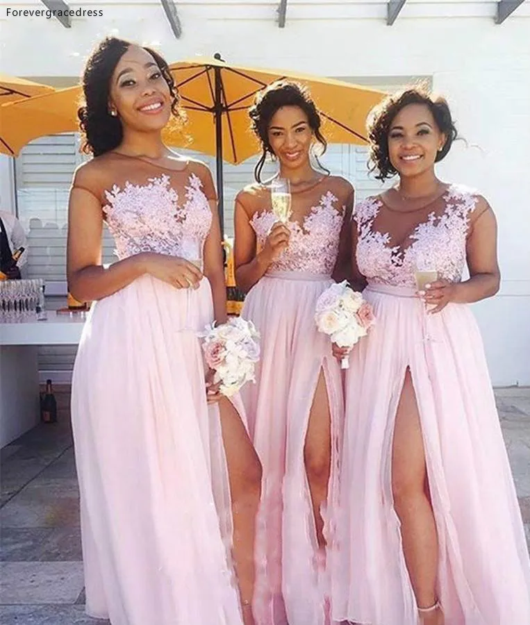 Pink Plus Size Country Bridesmaids Dresses 2017 A Line Illusion Long Chiffon Vintage Lace Cap Sleeves Split Maid of Honor Gowns Prom Dress 108 (1)