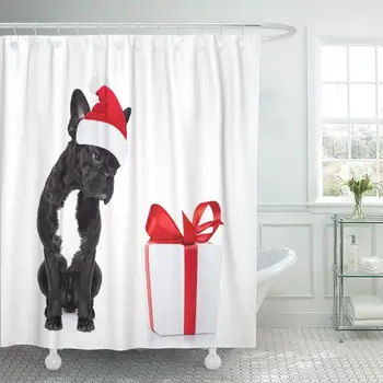 

Bathroom 72"x78" Shower Curtain Set Hungry French Bulldog Dog with Red Christmas Santa Claus Hat for Xmas Holidays Waterproof