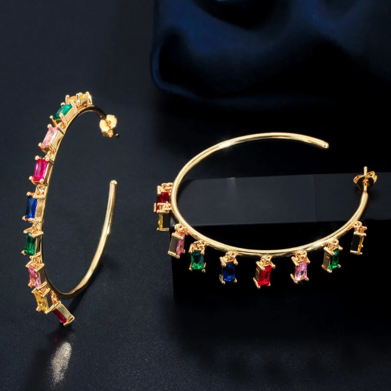 CWWZircons Large Gold Color Round Circle Pendant Hoop Dropping CZ Zircon Charm Earring Bohemia Women Fashion Jewelry CZ610