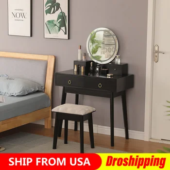 

Europe Style Bedroom Dressing Table Furniture Makeup Mirror Makeup Table in MDF with 4 Drawers White And Black 80x40x150cm