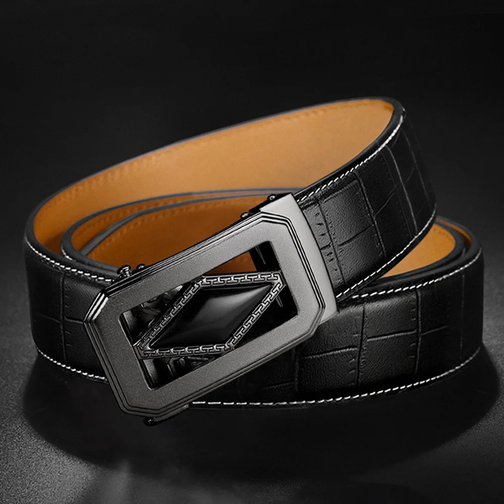 Black Grey Buckle FAJARINA дизайн модный четырехсторонний геометрический Автоматическая пряжка кожаный ремень для мужчин подлинные ремни 3,5 см ширина ZDFJ326 - Цвет: Black Grey Buckle