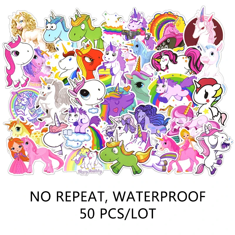 

Dropshipping 50 pcs/pack Not Repeating Unicorn Sticker Creative Doodle Cartoon Waterproof Car PVC Sticker Sun Protection