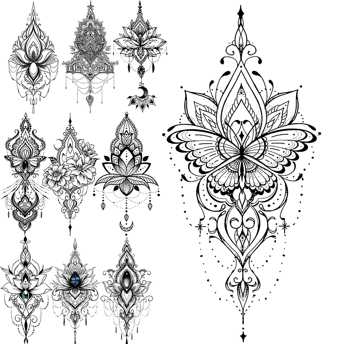 

Henna Butterfly Temporary Tattoos For Adults Women Realistic Fake Pendant Diamond Tattoo Sticker Chest Back Tatoos Body Art