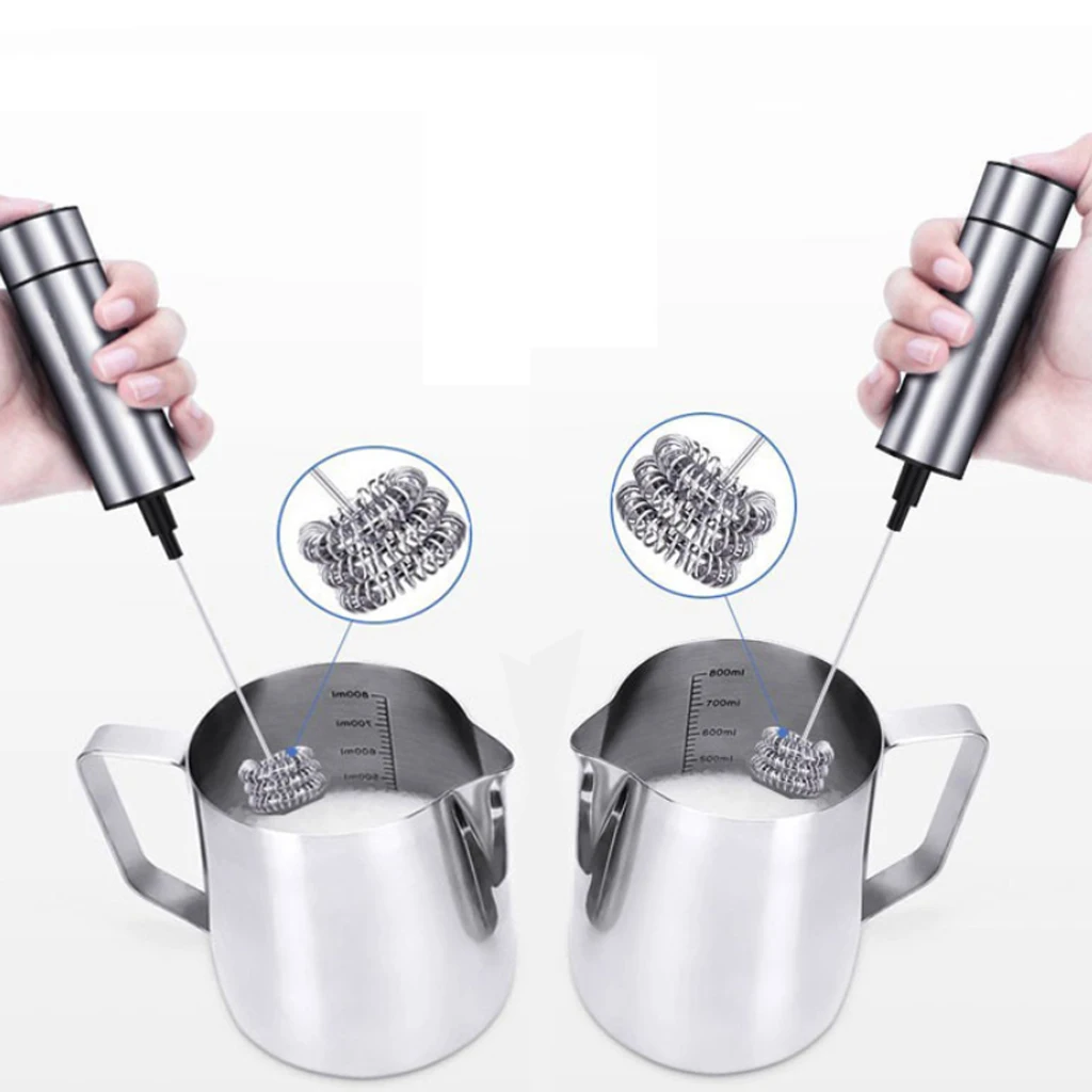 Stainless Steel Electric Handheld Milk Frother - Triple Spring Whisk Head Cleaning Brush Pedestal Stainless Steel Electric Handheld Milk Frother - Triple Spring Whisk Head Cleaning Brush Pedestal