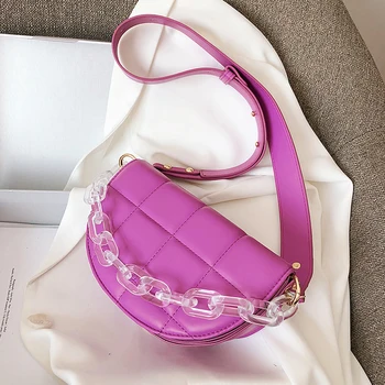 

Lattice Saddle Bags Small Semicircle PU Leather Crossbody Bags For Women 2020 Female Transparent Acrylic Chain Shoulder Handbags