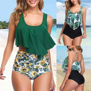

lus Size Women Swimwears Bikini 2019 Sexy Retro Ruffle Bikini Set Floral Print Tankini Push Up Swimsuit Mujer Bathing Suit