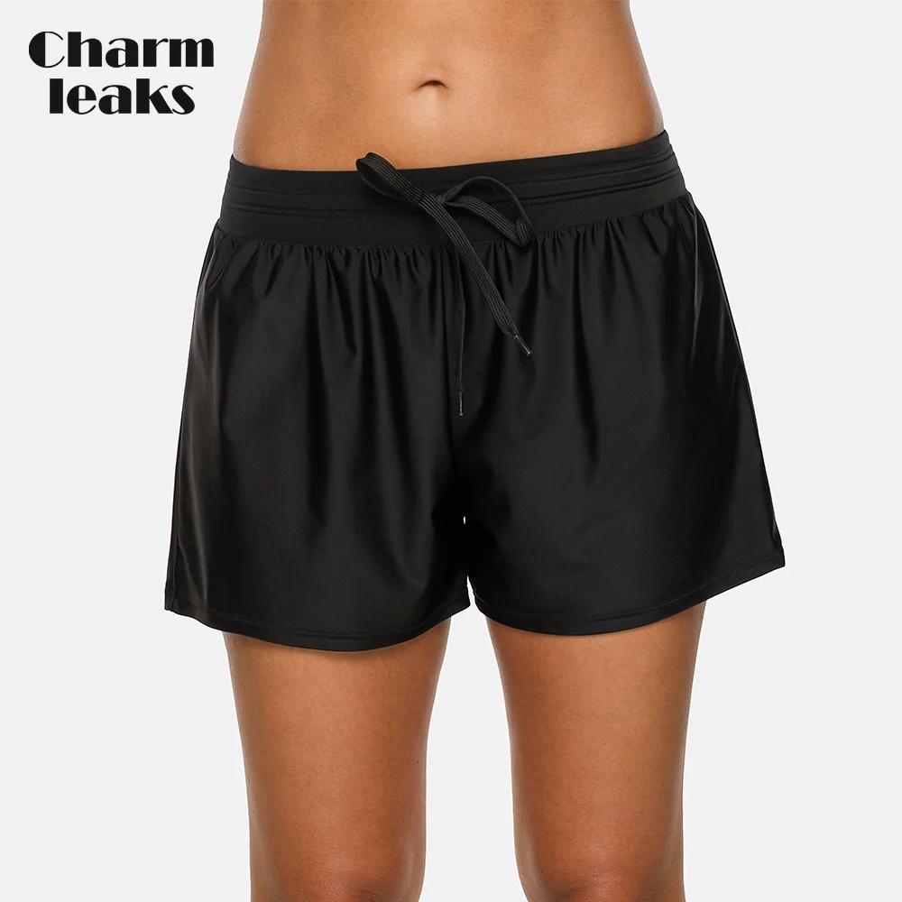 Charmleaks Women Swimming Shorts Loose Fit Solid Color Bikini Bottom Strappy Swimwear Briefs Boy Shorts Swimming Trunks