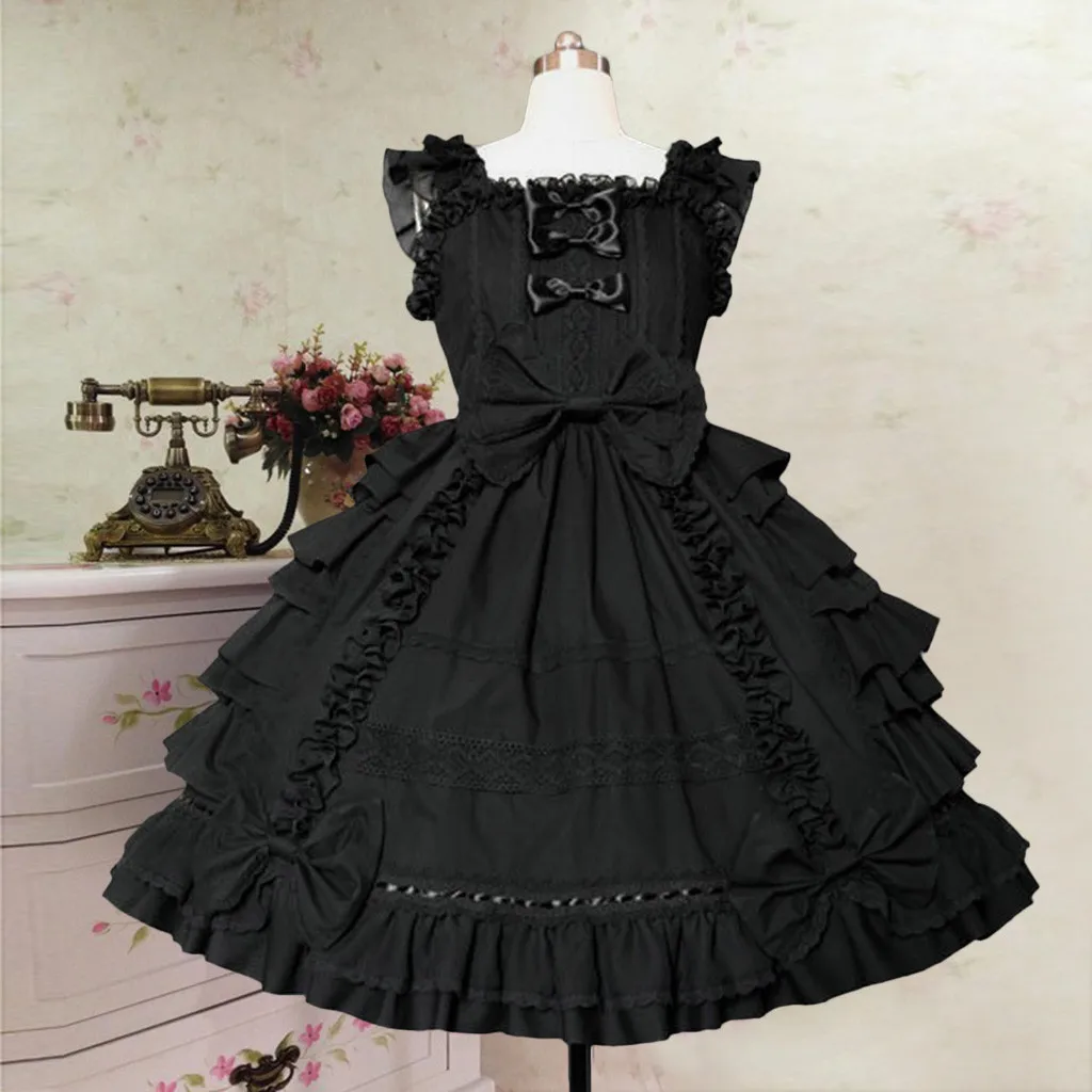 Готическое платье лолиты с бантом, кружевное черное розовое платье, женское платье принцессы, милое платье с квадратным воротником, мини Vestido, вечерние платья z1127 - Цвет: Черный