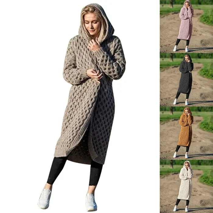 Женский кардиган, свитер с капюшоном, Длинная блузка, свободный длинный рукав, повседневное пальто, сплошной цвет-OPK