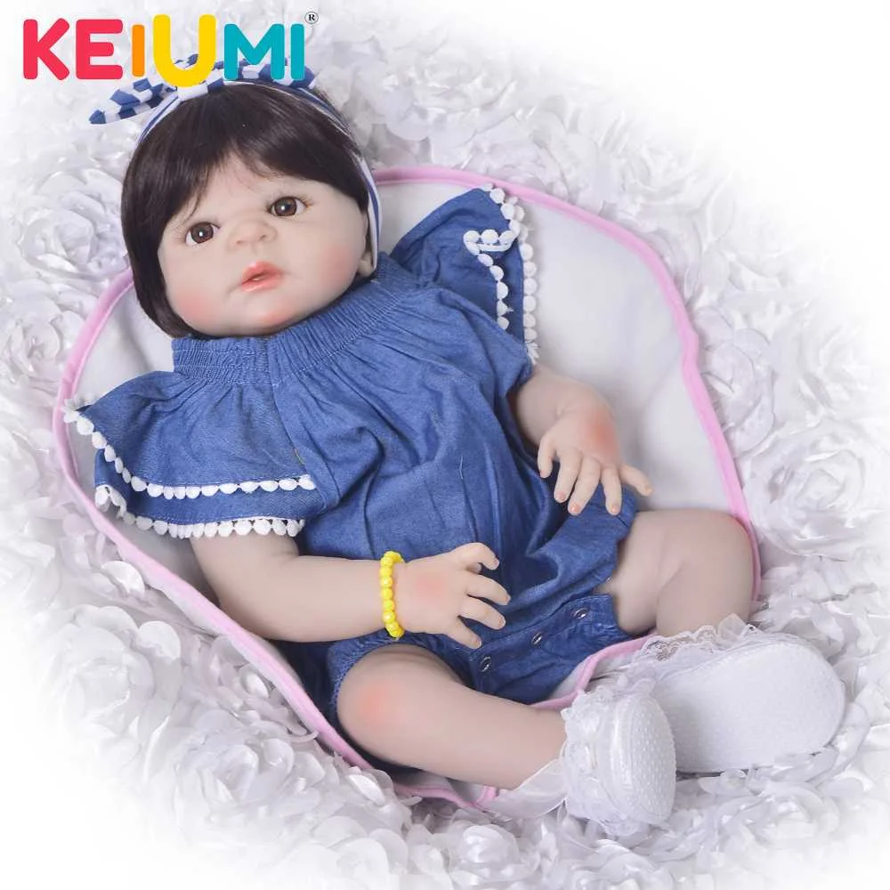 

New Style 23'' Realistic Reborn Baby Girl Doll Full Silicone Vinyl Adorable Girl Baby Toy Wear Cowboy Romper Kid Birthday Gift