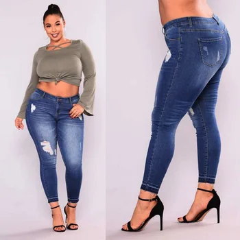 

Fall Plus Size Obesity Women's Casual Jeans Cotton Blended Stretch Fabric Women's Hip Lift Hollow-out Outdoor Street Fat Sister