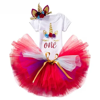 

3Pcs 1st Birthday Baby Girl Clothes Baby Girls Outfit Party Bodysuit + Lace Cake Smash Tutu Skirt+unicorn Headband