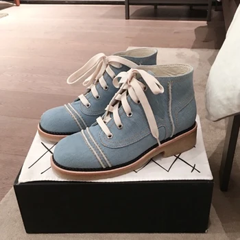 

2020 New Denim Boots Low Heels Ankle Martin Boots Lace-up Shoes Round Toe Women's Boots