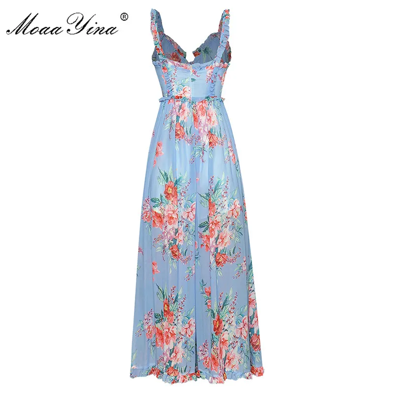 MoaaYina Sexy Backless Ruffles Blue Floral Print Wide-legged Jumpsuit Women Summer Elegant Holiday Bodysuit New MoaaYina Sexy Backless Ruffles Blue Floral Print Wide-legged Jumpsuit Women Summer Elegant Holiday Bodysuit New