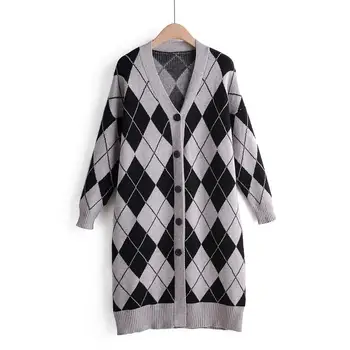 

Women's Fashion V-Neck Single Breasted Knit Cardigans Button Female Gird Plaid Sweater Outerwear