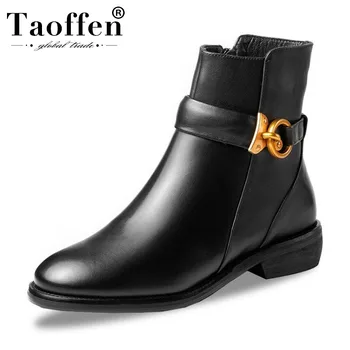 

Taoffen Women Flats Winter Ankle Boots Metal Buckle Round Toe Real Leather Office Work Shoes Woman Keep Warm Fur Boot Size 33-43