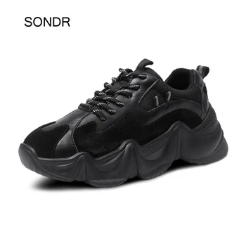 

2020 Spring New Real Leather Shoes Women Platform Sneakers Black Fashion Brand Ladies Chunky footware Female zapatos de mujer