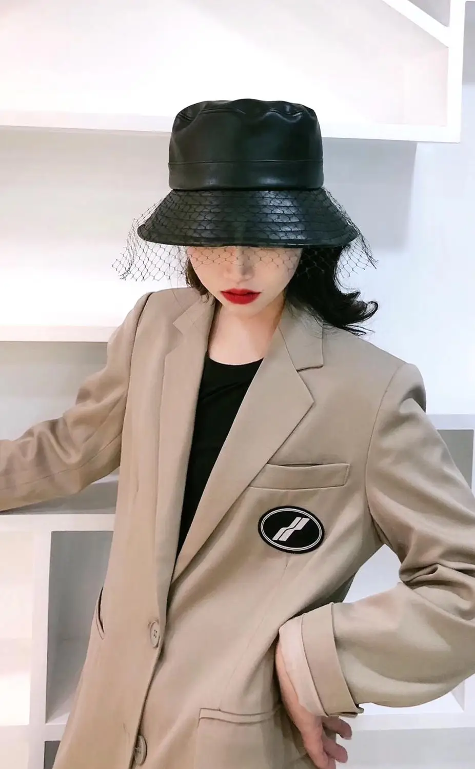 01910-jinri99 fashion faux leather black mesh lady bucket cap women fishermen hat