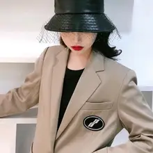01910-jinri99 fashion faux leather black mesh lady bucket cap women fishermen hat