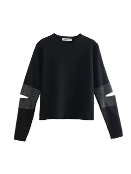 

E CN WOMAN Shinning Beading Hole Sleeve Black Sweater 2019 Fashion Women O-Neck Pullovers Casual Female Knitwear