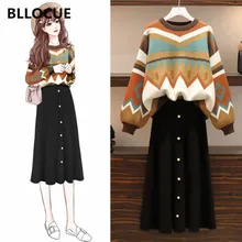 BLLOCUE, Женский винтажный вязаный комплект юбки и свитера, Осень-зима, геометрический принт, вязаный пуловер, топ+ однобортная черная юбка, костюм