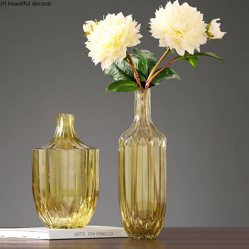 

Simple Yellow Transparent Glass Bottle Vase Dried Flower Flower Arrangement Accessories Countertop Vase Home Decoration Modern
