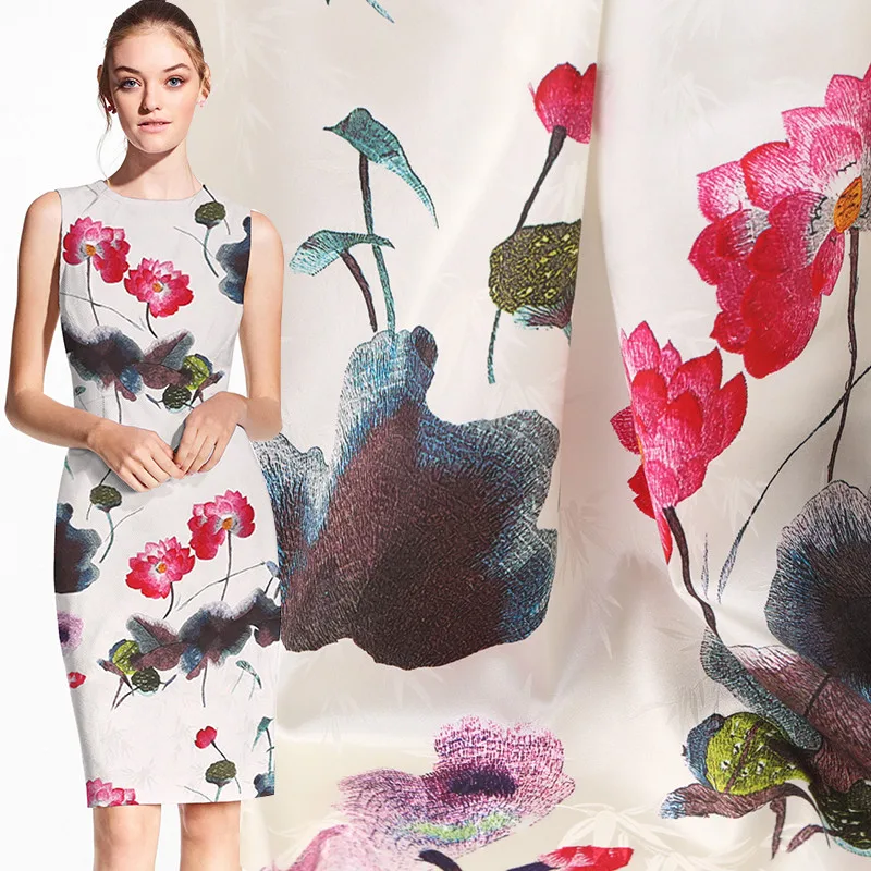 108cm wide silk stretch satin fabric meter 19mm dress cheongsam chinese lotus printed wholesale cloth | Дом и сад