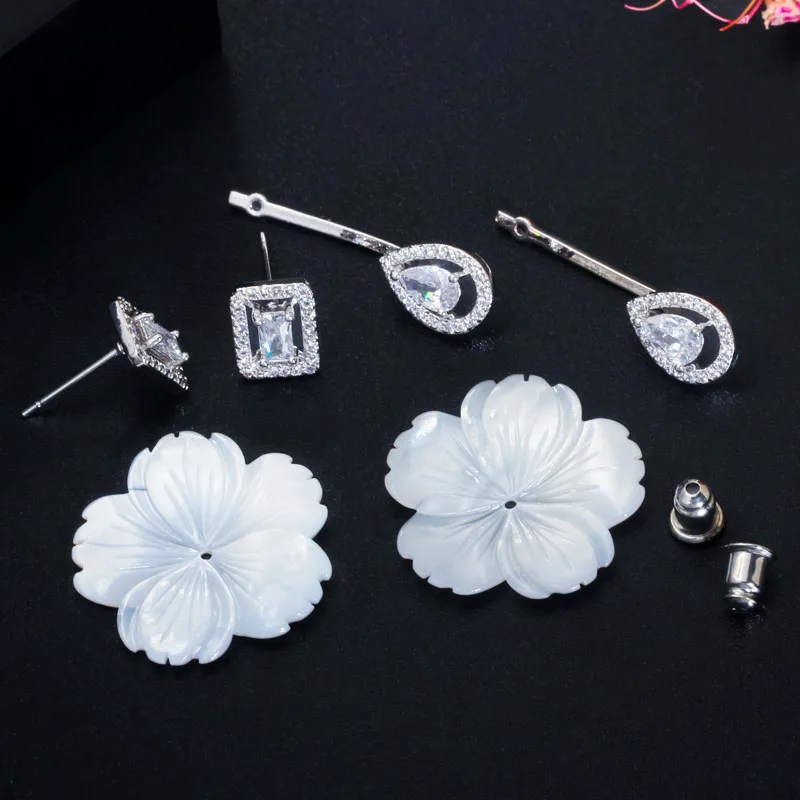 silver CWWZircons, натуральный дизайн, в виде ракушки, цветок, кубический цирконий, камень, большие, длинные, 585, розовое золото, серьги-капли для женщин, Трендовое ювелирное изделие CZ624 - Окраска металла: silver