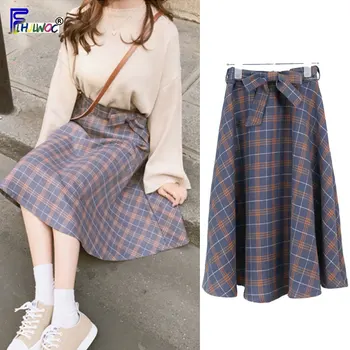 

Winter Spring Skirts Women's Preppy Style Korea Japanese Style Sweet Bow Ribbon Tie New Year Date Plaid Skirt Cotton Vintage 180