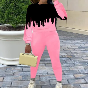 

Women Two Piece Set Solid Contrast Color Tracksuits Long Sleeve Sweatshirt T-Shirt Tops Pants Suits Casual Sport Suit Outwear