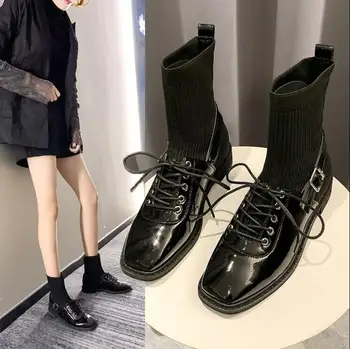

Ankle Boots Women Shoes Woman Boots Fashion Flat Square Toe Ankle Boots 2019 Winter New Elastic Socks Boots Breathable X371