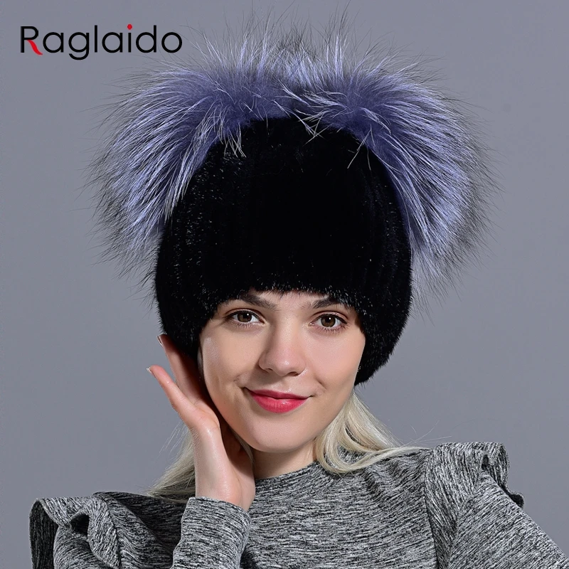 Женские норковые шапки Raglaido, шапки с натуральными меховыми ушками лисы, вязаные шапочки, Стильные теплые удобные модные шапки с помпоном для девочек с шариками