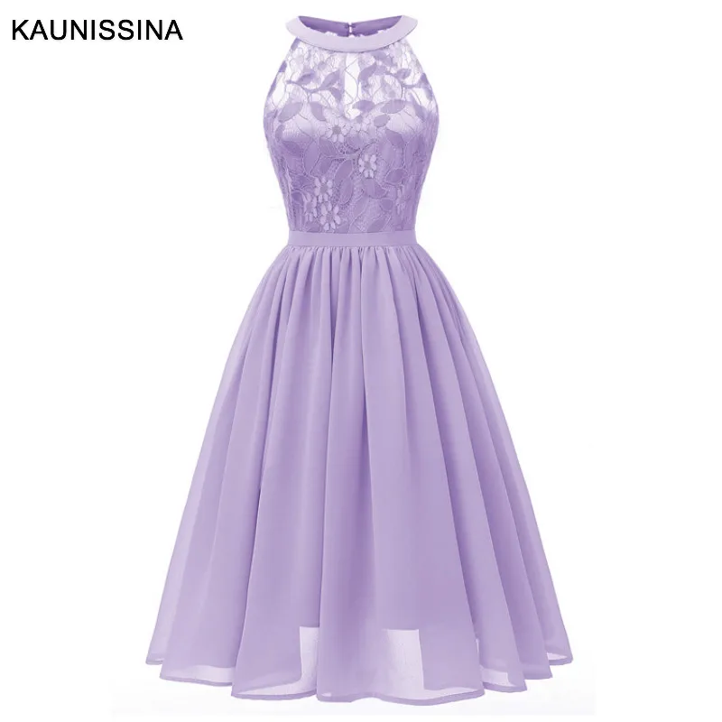 Light Purple KAUNISSINA/Элегантные Короткие коктейльные платья с бретельками, длиной до колена, шифоновые кружевные однотонные платья трапециевидной формы для вечеринок Vestidos - Цвет: Light Purple