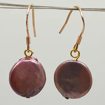 

Genuine coin pearl earrings huge 14mm purple freshwater pearl jewelry 925 sterling silver dange earring perfect gift for mother