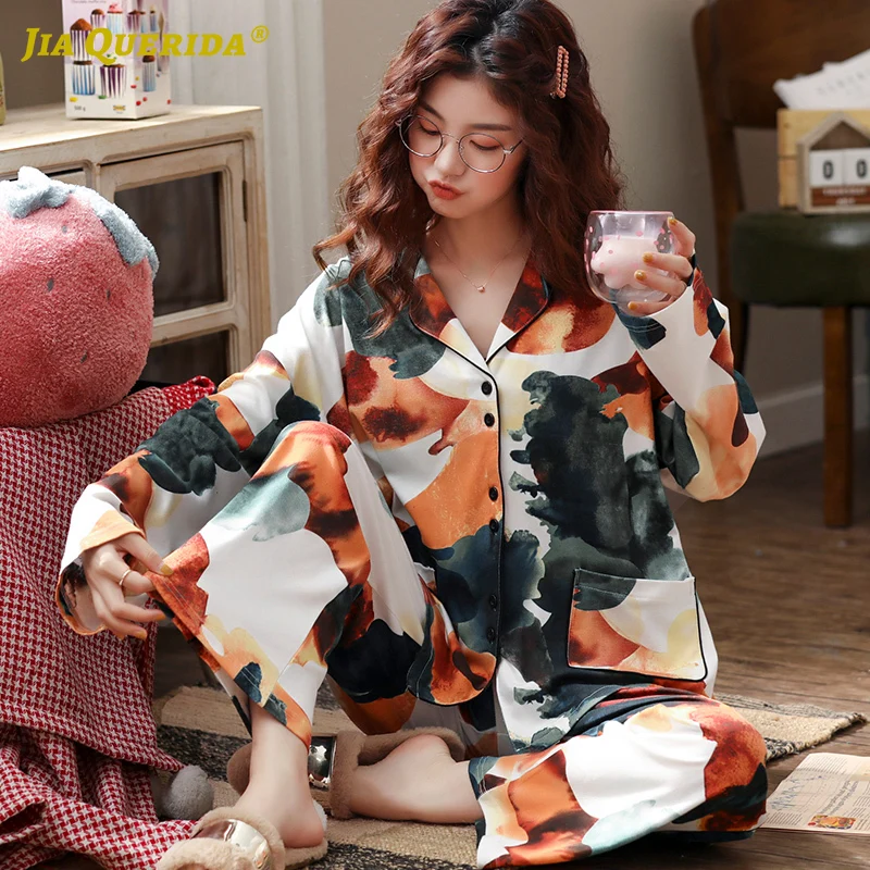 Womens Pyjamas Korean Chic Style Watercolor Printing Cotton Pajamas Set for Women Long Sleeeves Pants Cardigan Pocket Nightwear