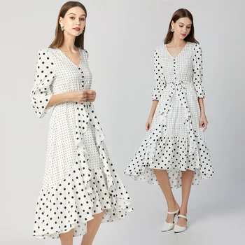

Simgent Dot Dress Women Fashion New Summer Flare Sleeve Buttons V-Neck Chiffon Patchwork Ruffles Dresses SG003278