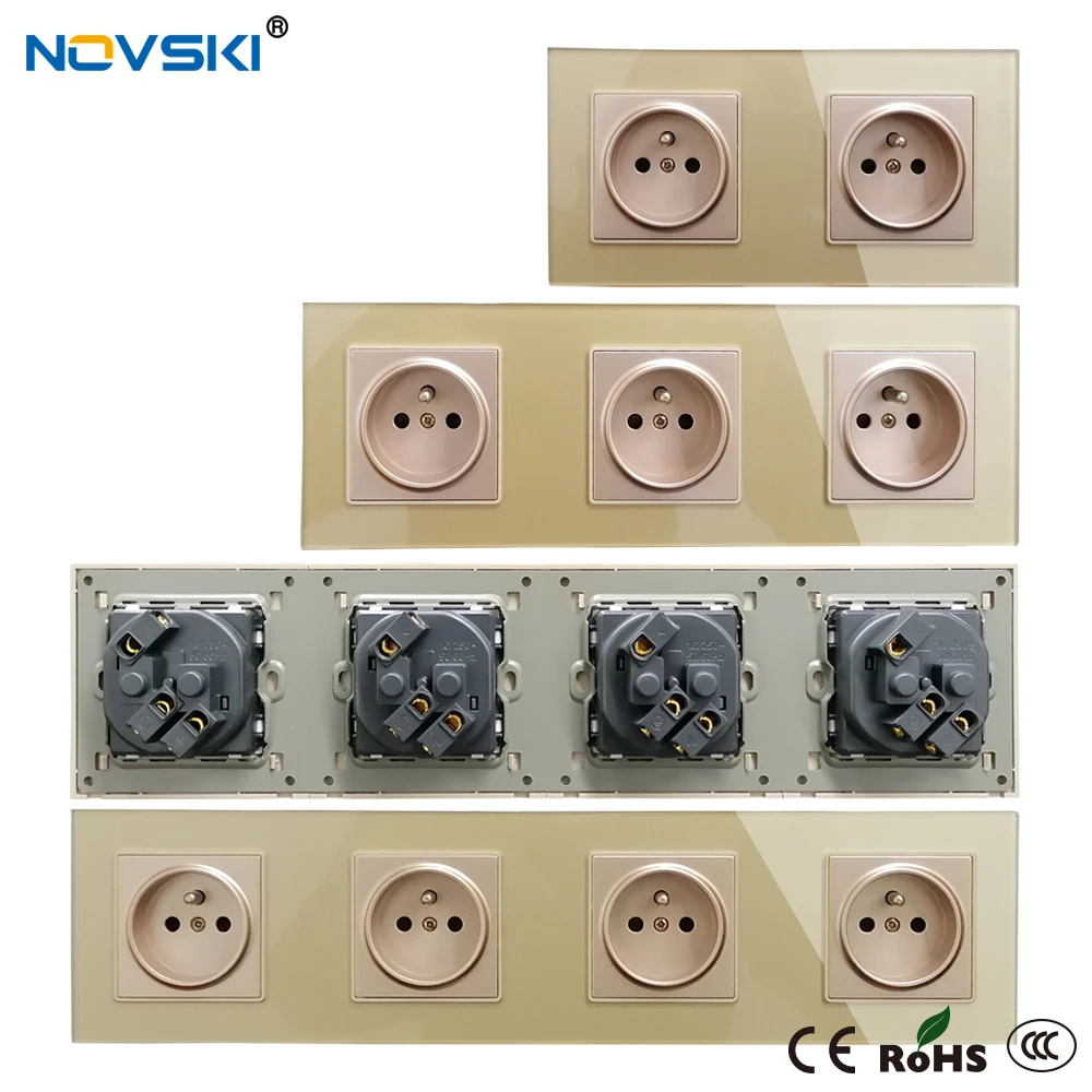 16A EU Standard French Outlet Crystal Glass Panel Electrical Socket Plug Grounded, Quadruple Power Socket, 15 Years Warranty