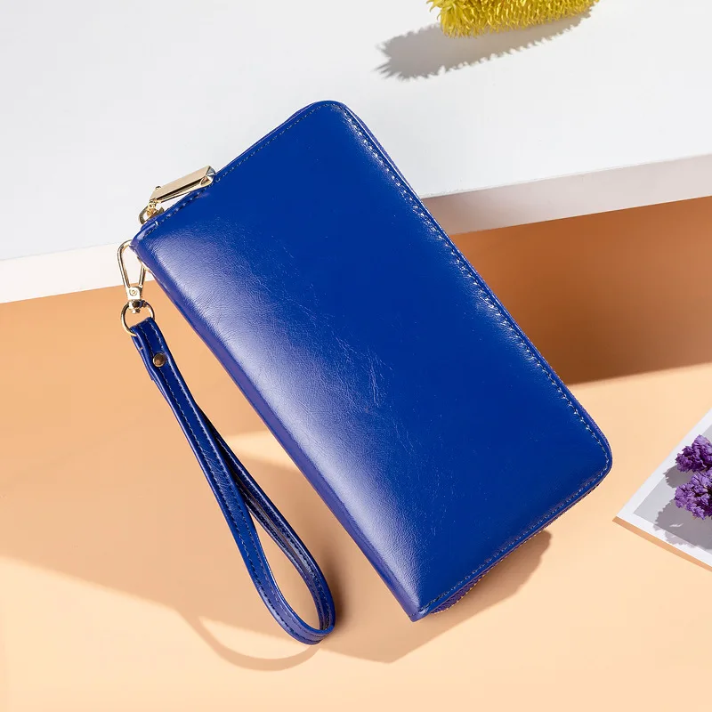 Oil Wax Skin Retro Long Wallet Large Capacity Hand Bag Multi-function Mobile Phone Bag 36 Anti-theft Swipe Card Bag - Цвет: Dark Blue