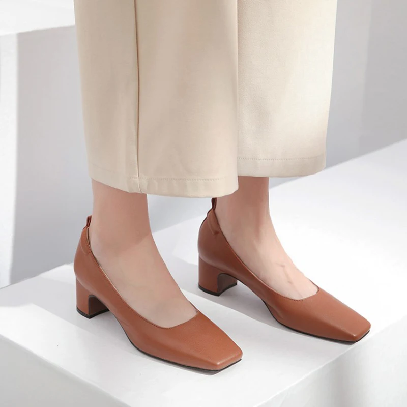 pumps genuine leather chunky brown medium heels slip on size 4 34 runway block square toe fashion shoes luxury women thick