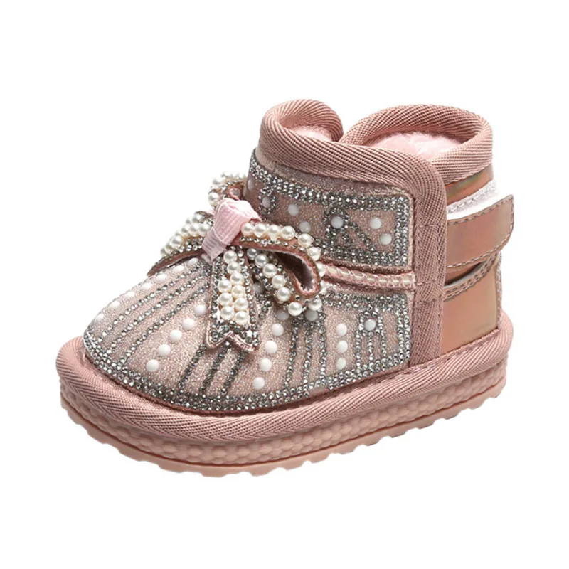 Winter Baby Snow Boots Butterfly-knot Pearl Warm Plush Grils Princess Boots Soft Sole Ankle Toddler Kids