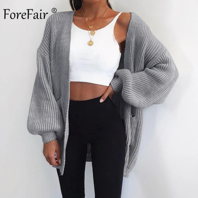 Forefair Winter Women Cardigan Knitted Oversized Lantern Sleeve Vintage Warm Outwear Solid Cable Knit Plus Size Sweater |