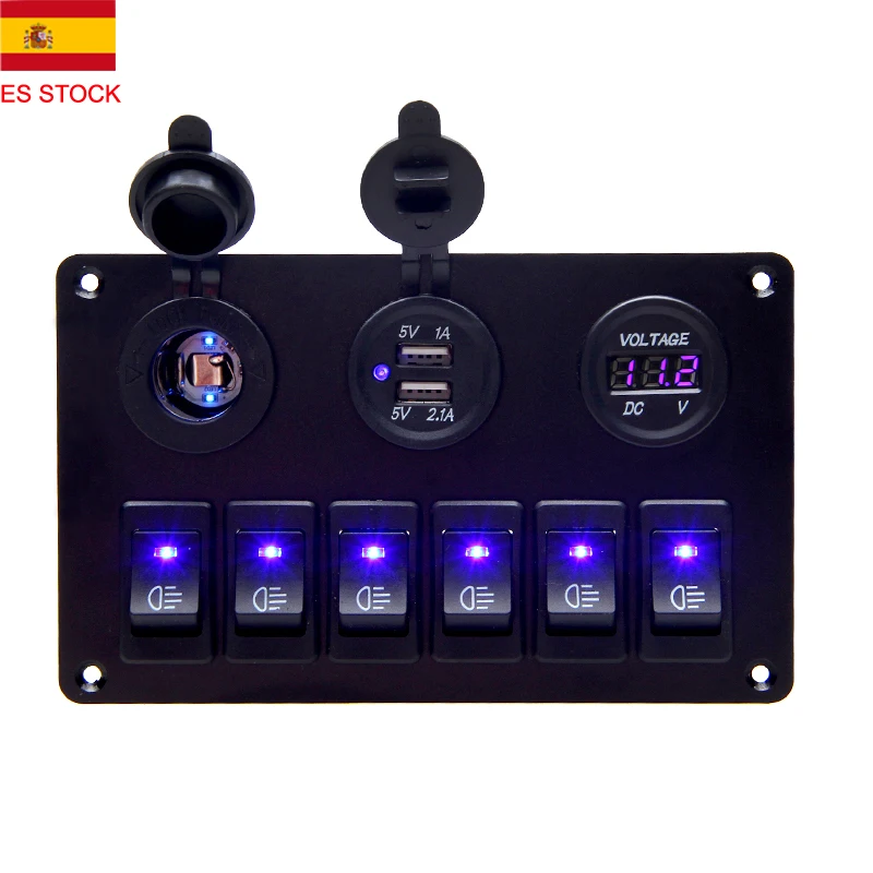  Cargador USB ABS 12V 24V 6 Gang Rocker interruptor Panel Dual USB impermeable circuito azul LED coc