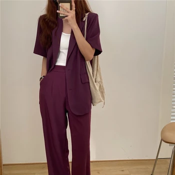

ZCWXM Blazer Pants Suit Women OL Elegant Office Lady Loose Solid Short Sleeve Blazers + Pants Suits 2 Piece Sets New