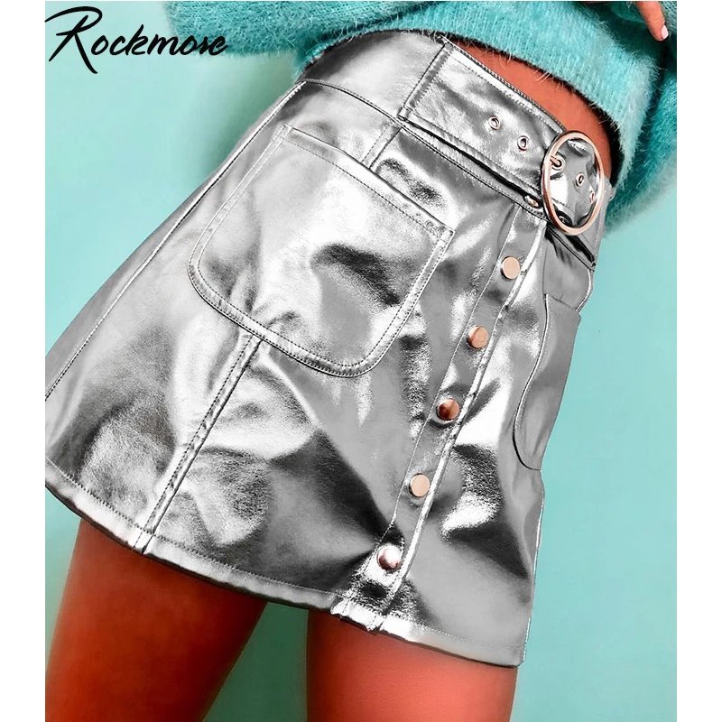 Rockmore/Женская мини-юбка из искусственной кожи с карманами на пуговицах, готичный панк стиль, пояс с высокой талией, микро выше Юбки До Колена, женские Клубные